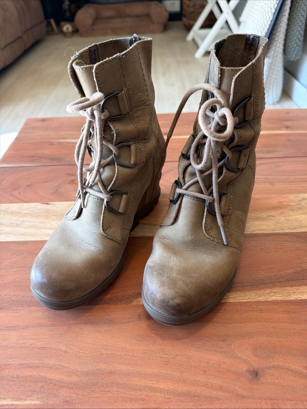 Sorel Olive Tan Lace-Up Wedge Ankle Boots